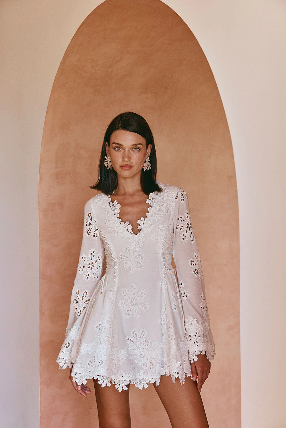 Flower Embroidery Hollow Mini Dress in White Avalabel
