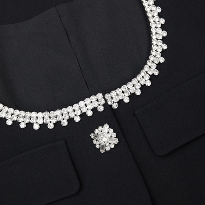 viola black Square Neck Rhinestone Pleated Mini Dress