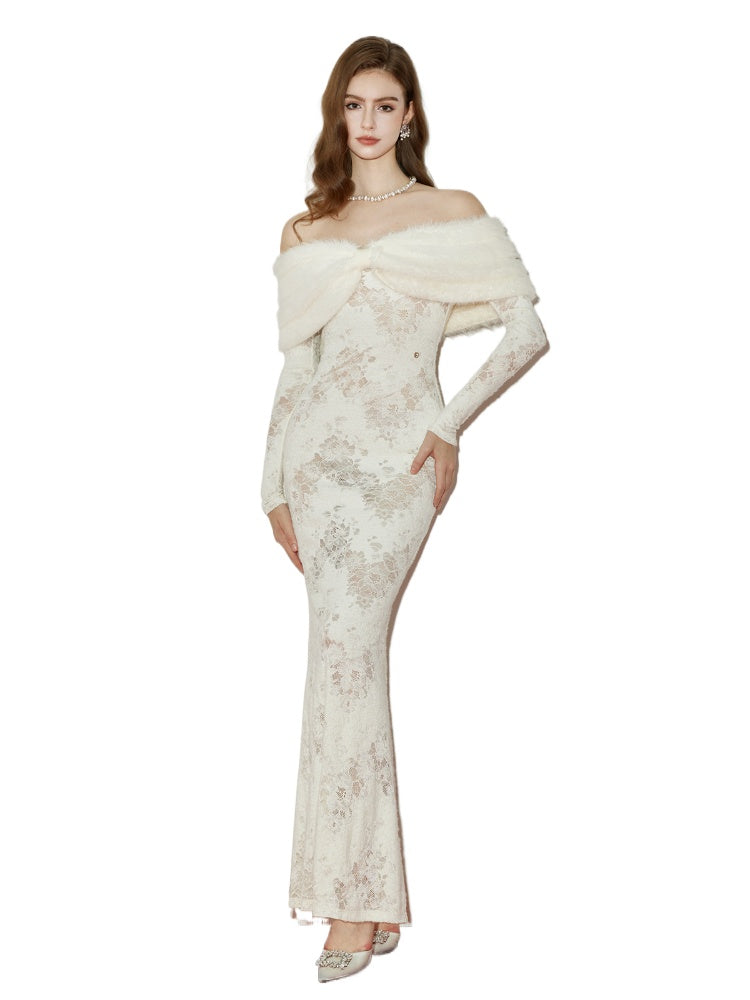 julia Off-Shoulder Fur Collar Long Sleeve lace maxi dress in white