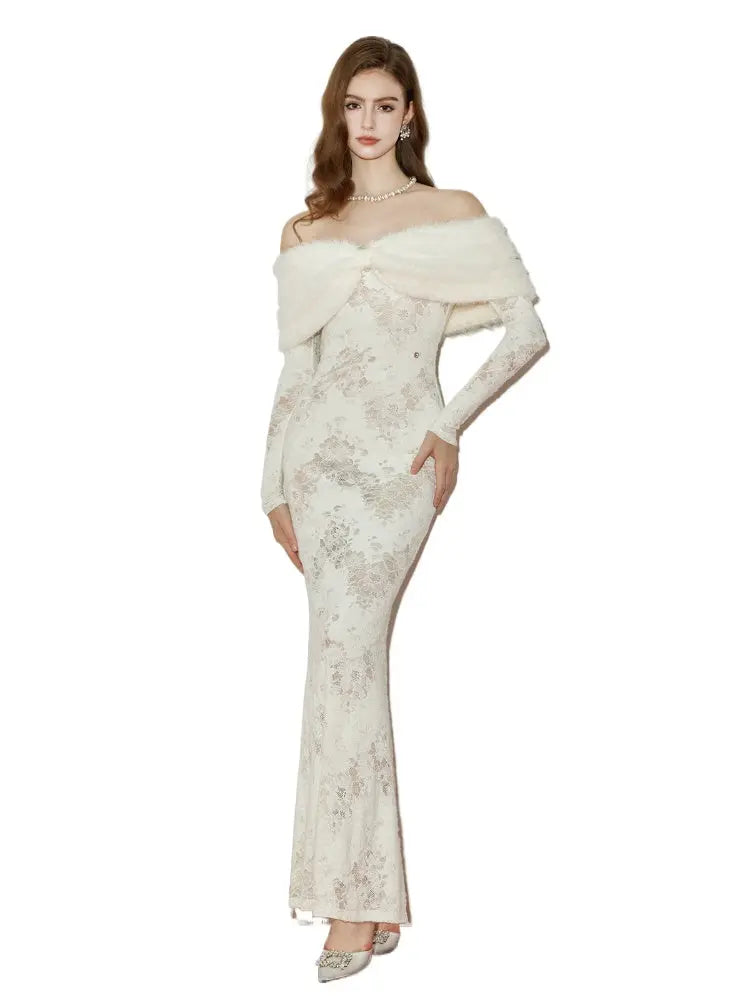 julia Off-Shoulder Fur Collar Long Sleeve lace maxi dress in white Avalabel