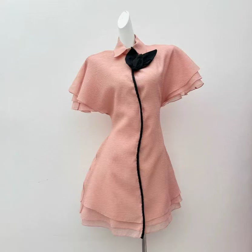 Layer Trim Chiffon Shirt Mini Dress in Pink Avalabel