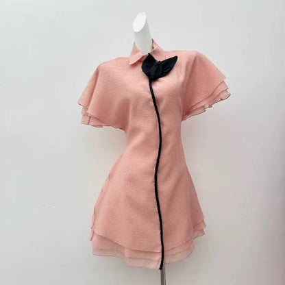 Layer Trim Chiffon Shirt Mini Dress in Pink