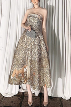 Elara Strapless Emerald Forest Print Midi Dress Avalabel