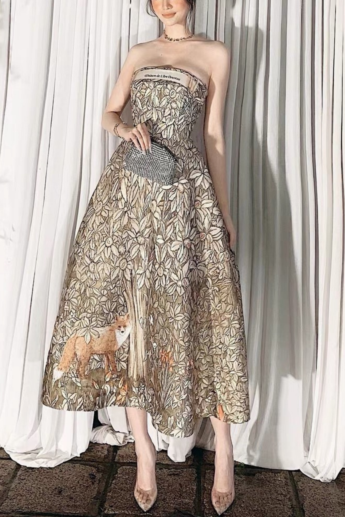Elara Strapless Emerald Forest Print Midi Dress Avalabel