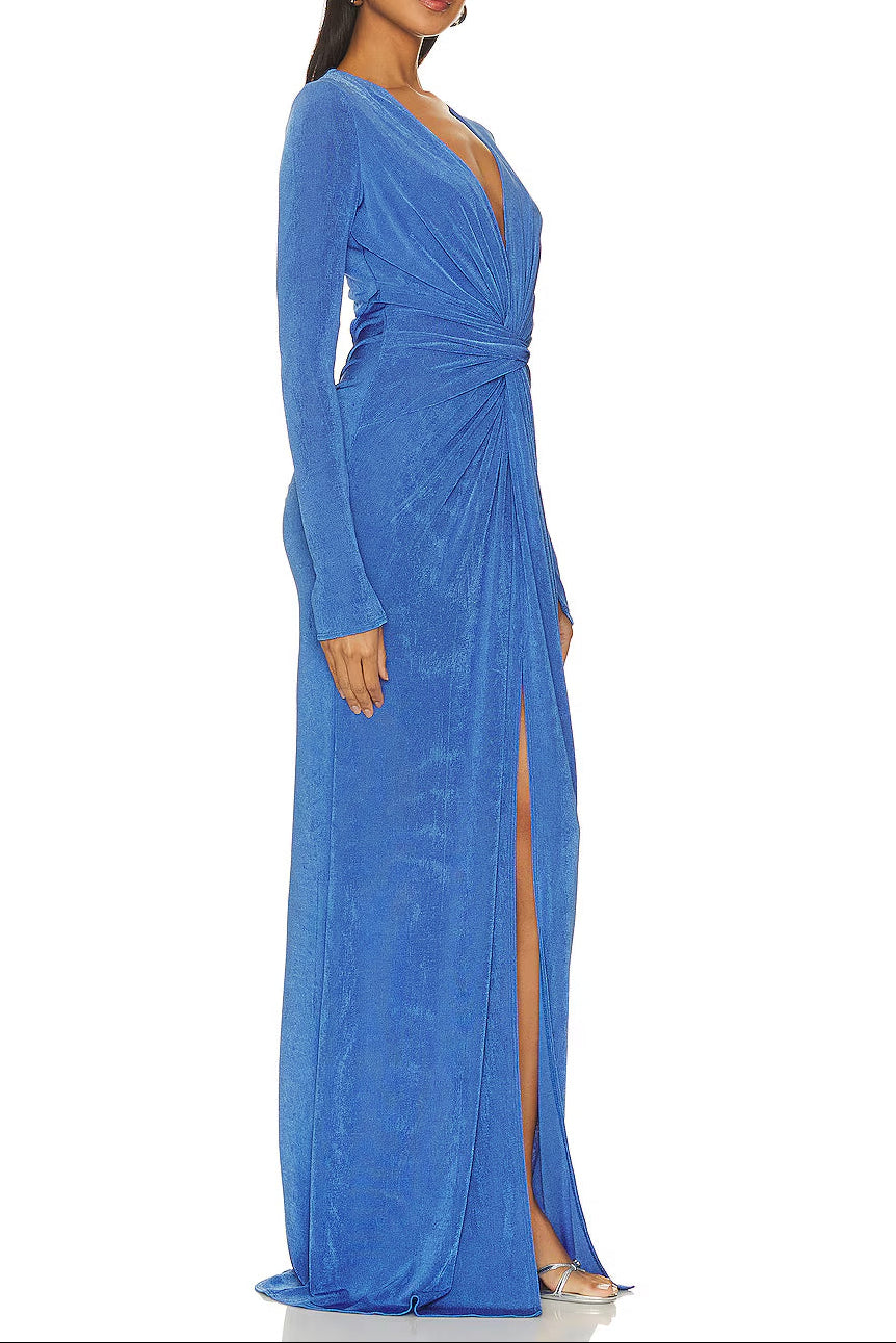 virginia blue pleated long sleeve high slit maxi dress Avalabel