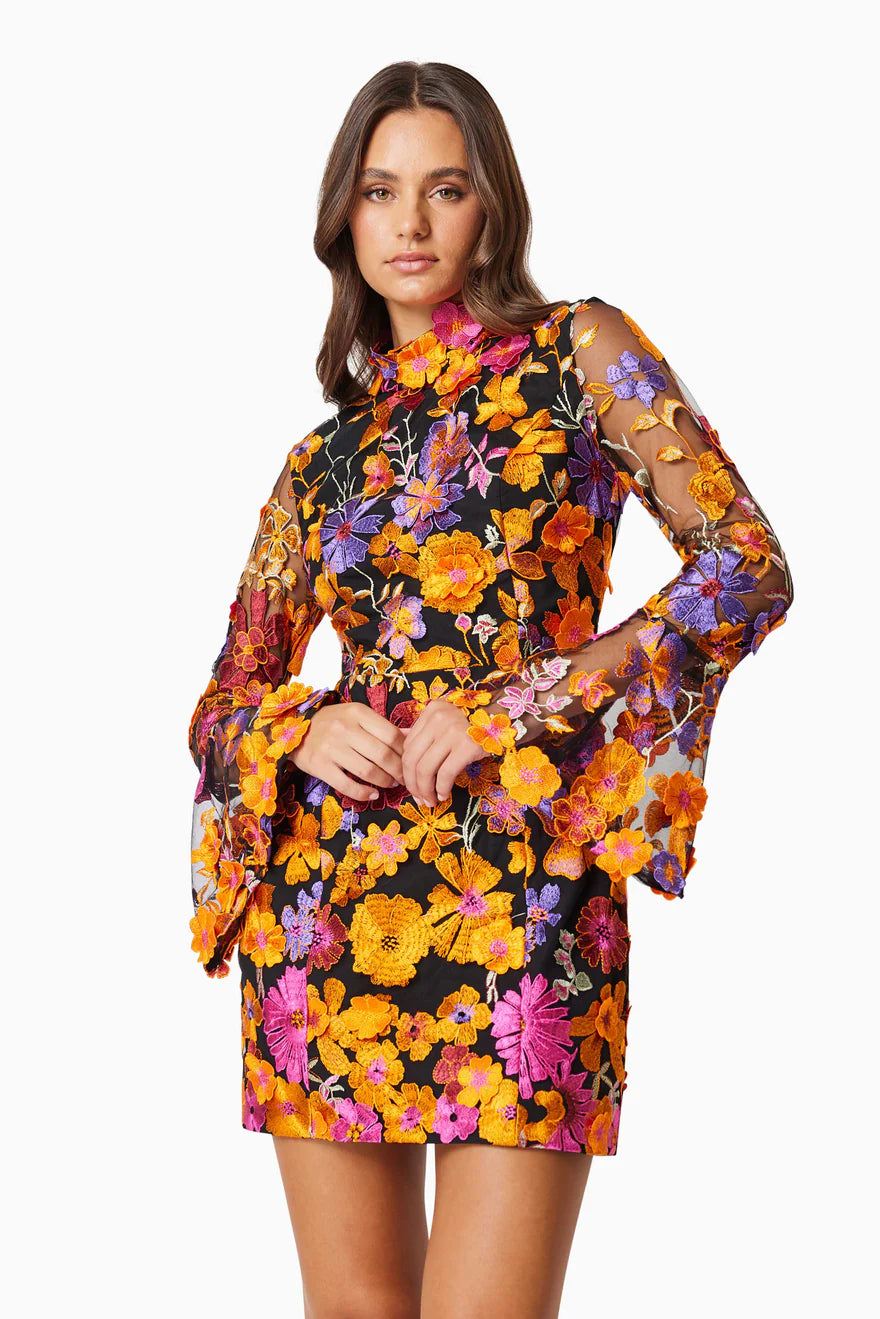 Multi Orange Flower Embroidered Long Sleeves Mini Dress Avalabel