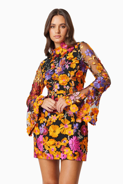 Multi Orange Flower Embroidered Long Sleeves Mini Dress