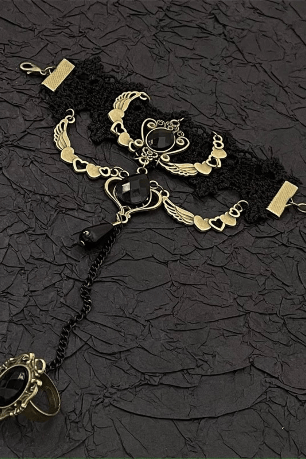 Gothic Lace Bracelet with Attached Ring Chain Avalabel