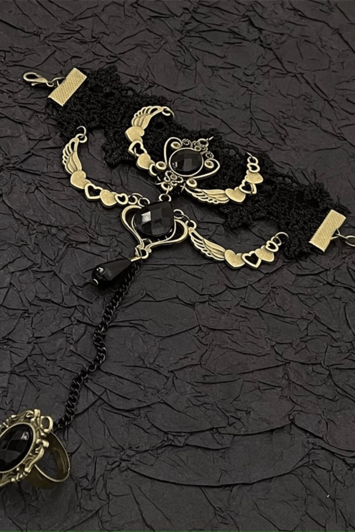 Gothic Lace Bracelet with Attached Ring Chain Avalabel
