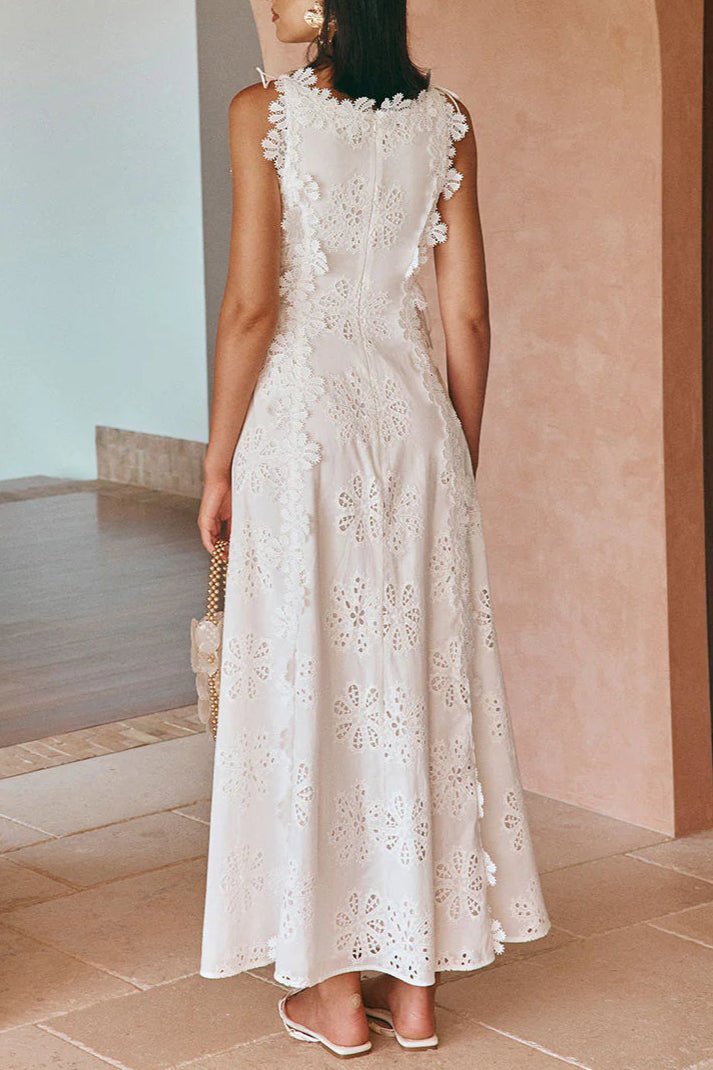 Lace Trim Embroidery Hollow Midi Dress in White Avalabel