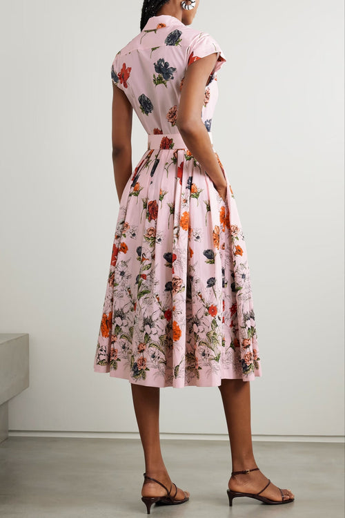 Belted Pleated Floral-Print Cotton-Poplin Midi Shirt Dress - Pink Avalabel