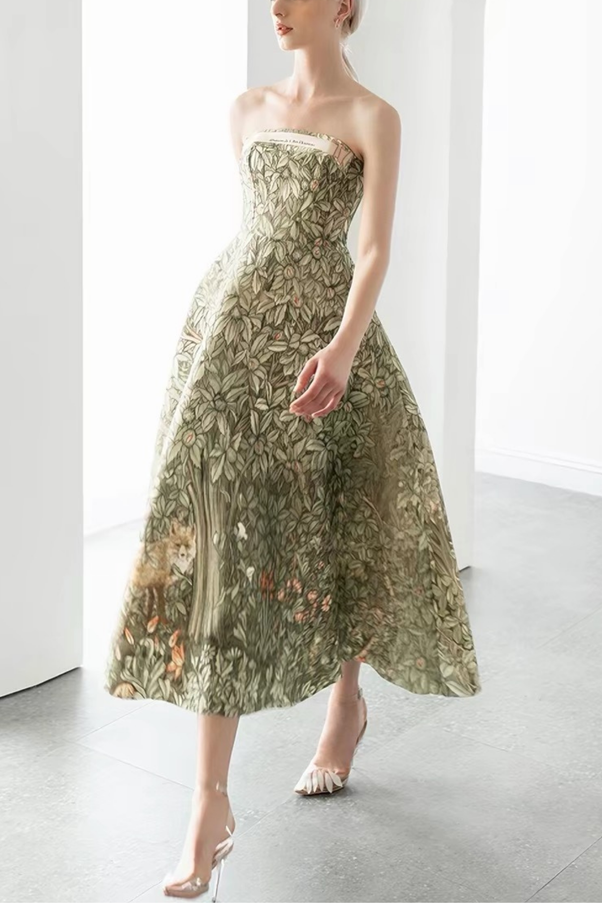 Elara Strapless Emerald Forest Print Midi Dress Avalabel