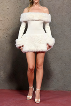 White Strapless faux fur slim mini dress Avalabel