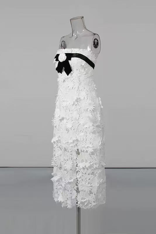 Strapless Flower Embroidery Maxi Dress In White Avalabel