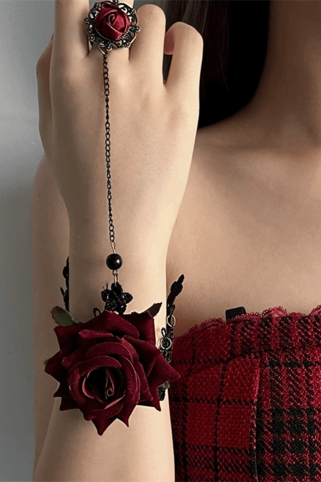 Gothic Burgundy Rose Lace Bracelet with Attached Ring Avalabel
