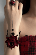 Gothic Burgundy Rose Lace Bracelet with Attached Ring Avalabel