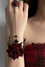 Gothic Burgundy Rose Lace Bracelet with Attached Ring Avalabel
