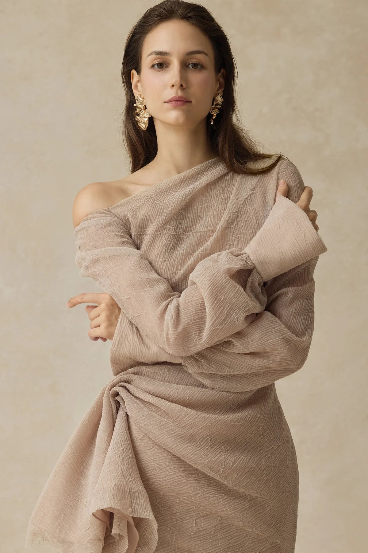 brianna Asymmetric Long Sleeve pleated maxi Dress in beige Avalabel