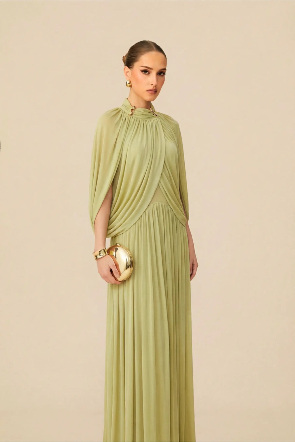 leona Green Draped Cape Sleeve Knit Maxi Dress Avalabel