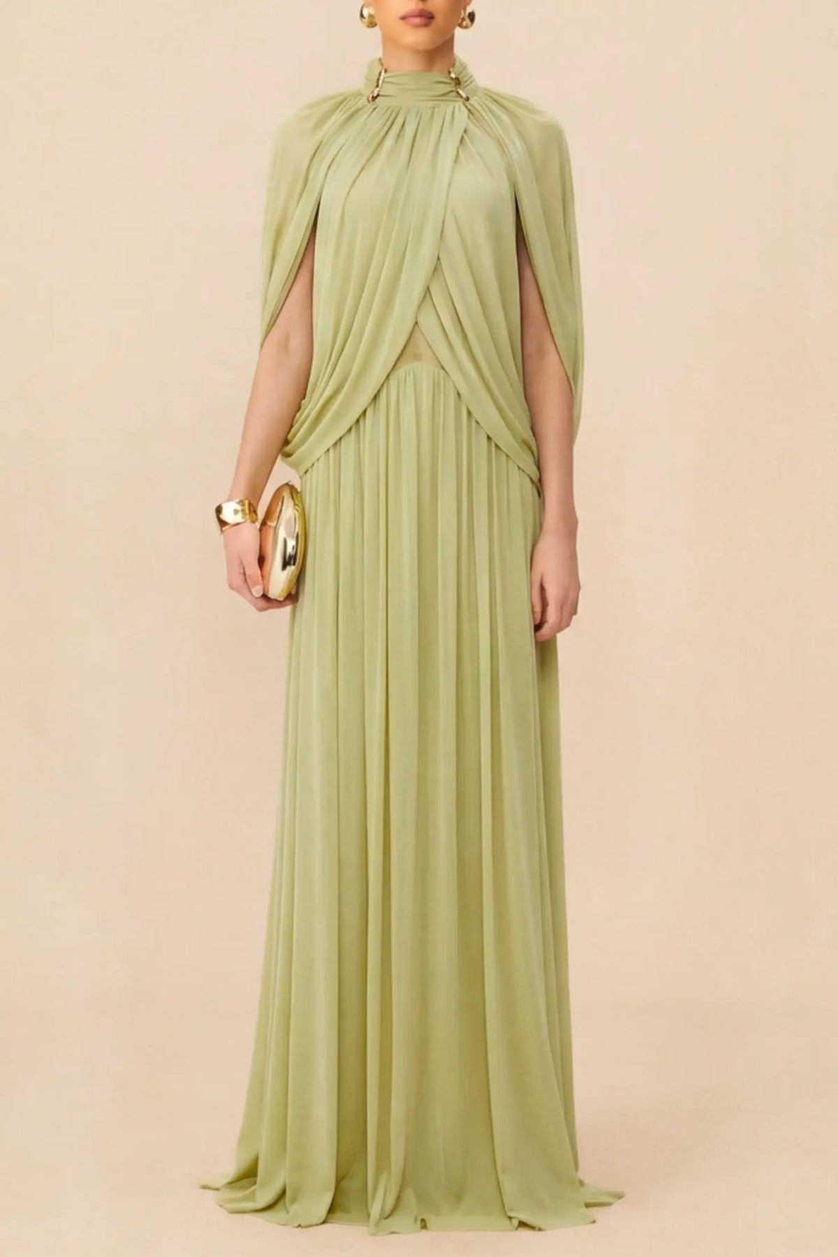 leona Green Draped Cape Sleeve Knit Maxi Dress Avalabel