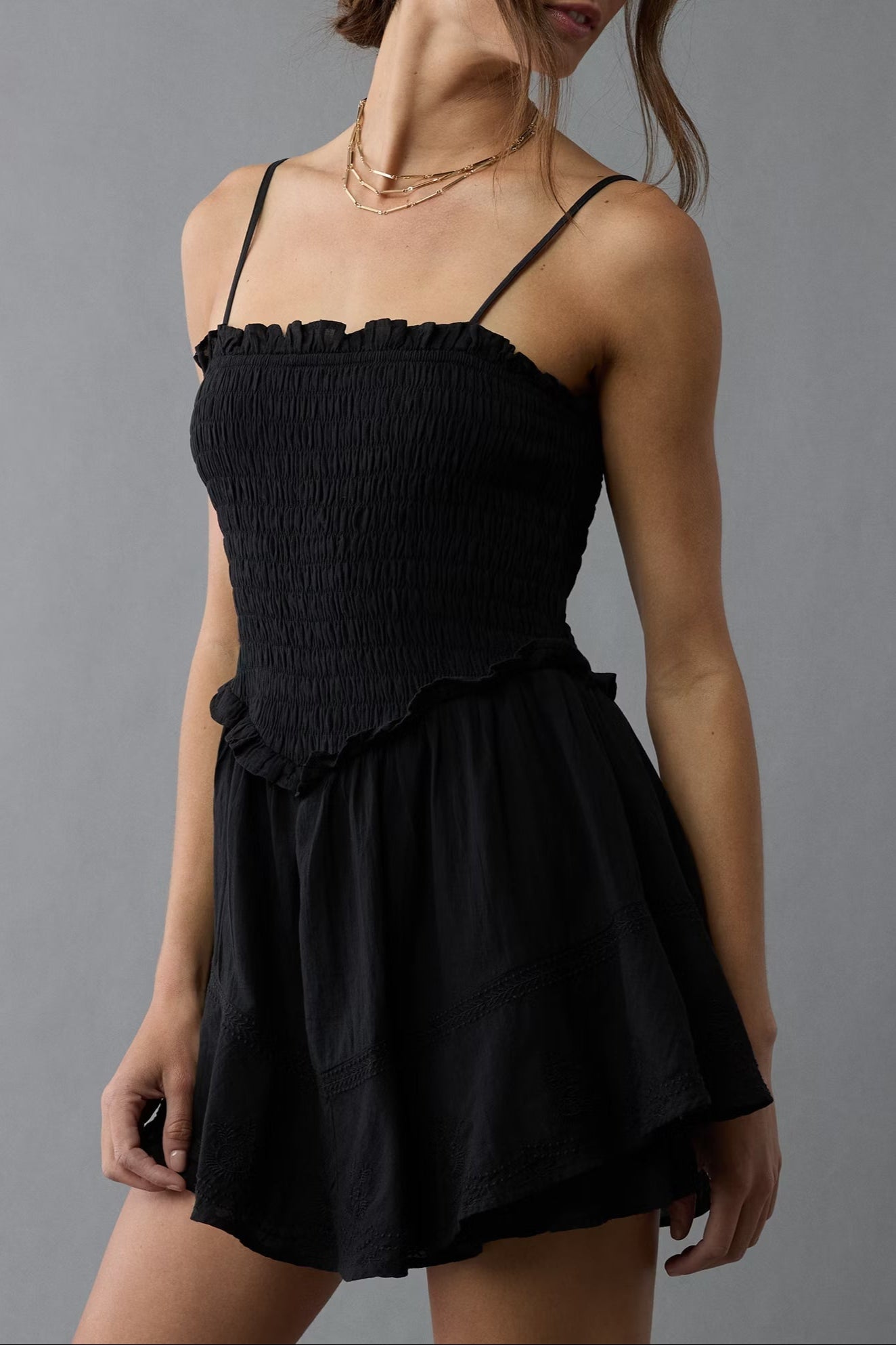 Ruffle Tiered Romper Mini Dress in Black Avalabel