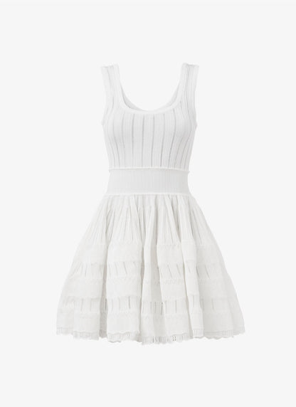 Ribbed Pointelle Knit Mini Dress in White