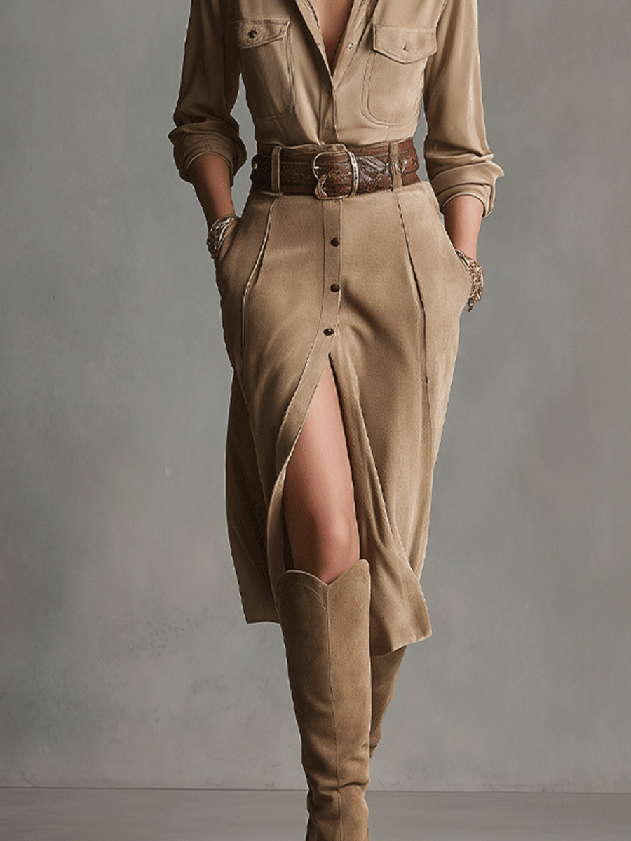 Women's Brown Fashion Suede Midi Dress Avalabel