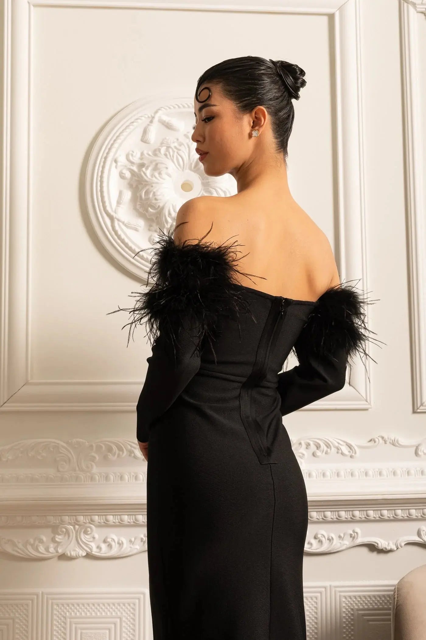lara sequin high slit Feather Adorned maxi Dress - Black Avalabel