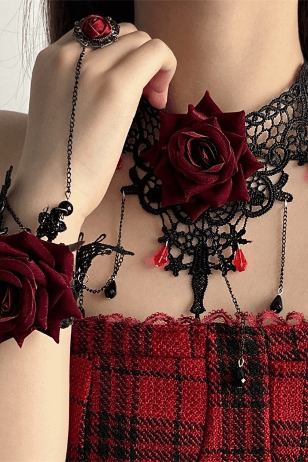 Gothic Burgundy Rose Lace Bracelet with Attached Ring Avalabel