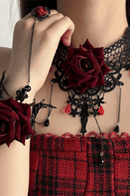 Gothic Burgundy Rose Lace Bracelet with Attached Ring Avalabel