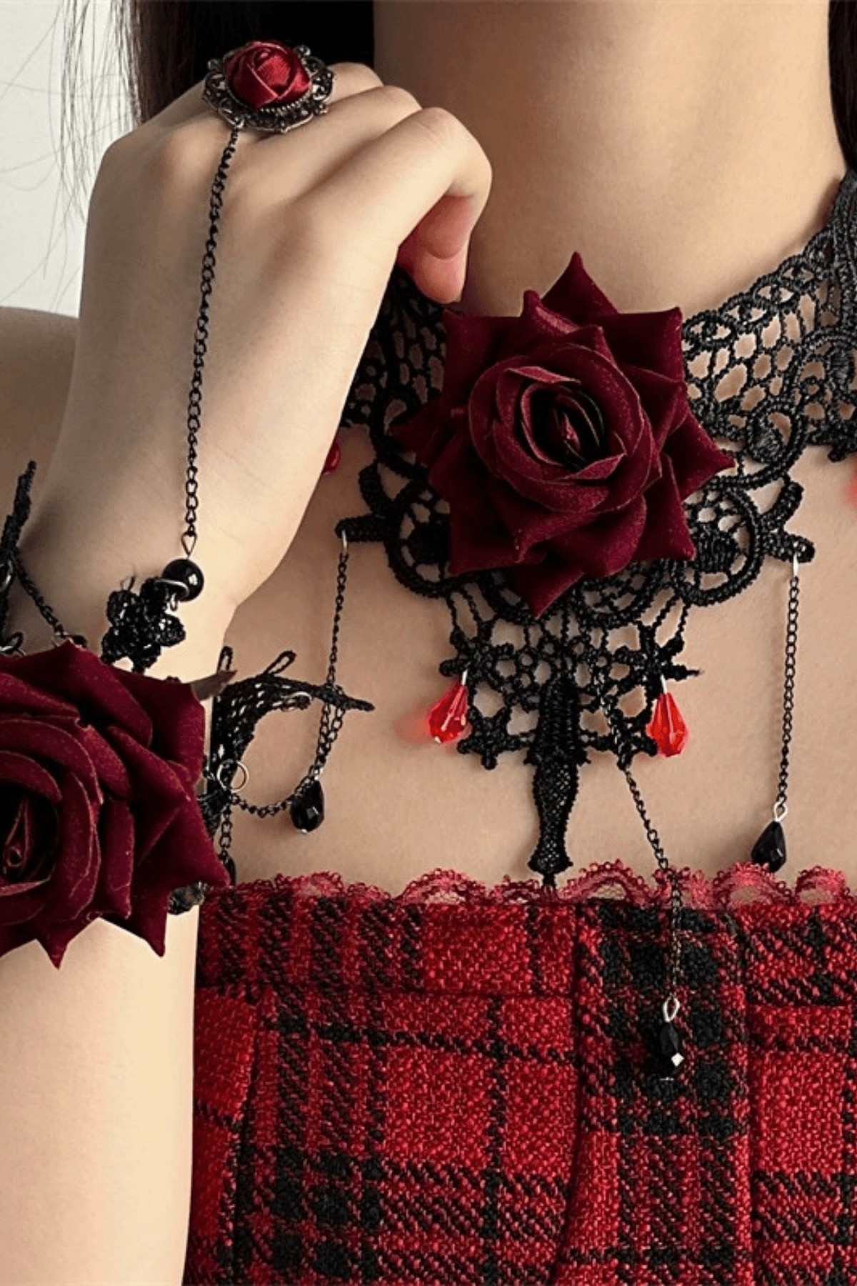 Gothic Burgundy Rose Lace Bracelet with Attached Ring Avalabel