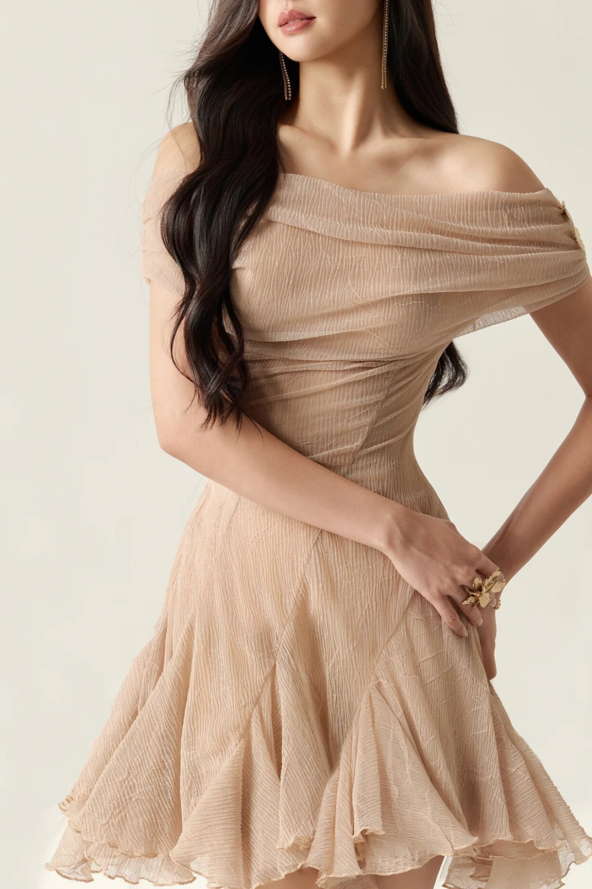 Luna Nude Off‑The‑Shoulder Ruched Flared Mini Dress - Avalabel