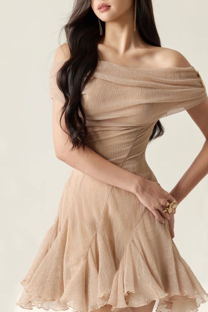 Luna Nude Off‑The‑Shoulder Ruched Flared Mini Dress