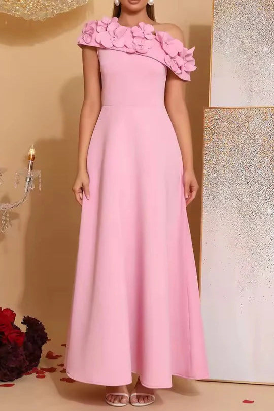 Cynthia Flower Slanted Collar Maxi Dress in Pink Avalabel