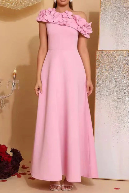 Cynthia Flower Slanted Collar Maxi Dress in Pink