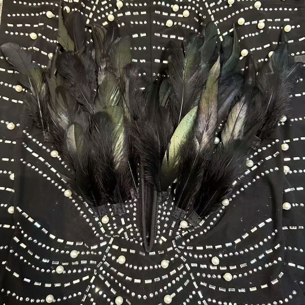 STRAPLESS FEATHER PEARL MINI DRESS IN BLACK Avalabel
