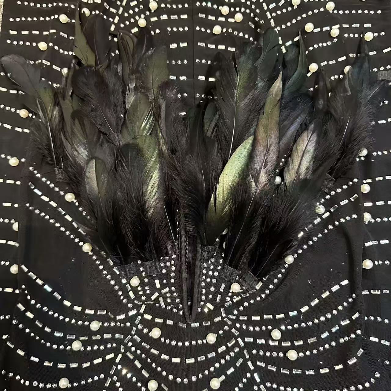 STRAPLESS FEATHER PEARL MINI DRESS IN BLACK Avalabel