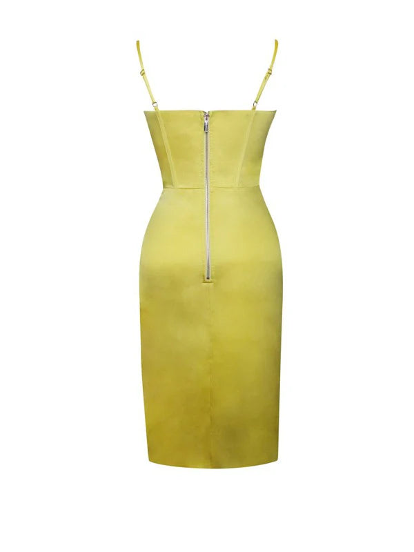 Lemon Yellow Pleated Satin Mini Dress Avalabel