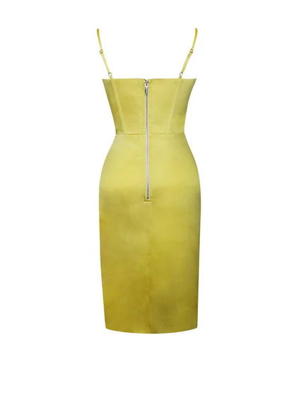 Lemon Yellow Pleated Satin Mini Dress