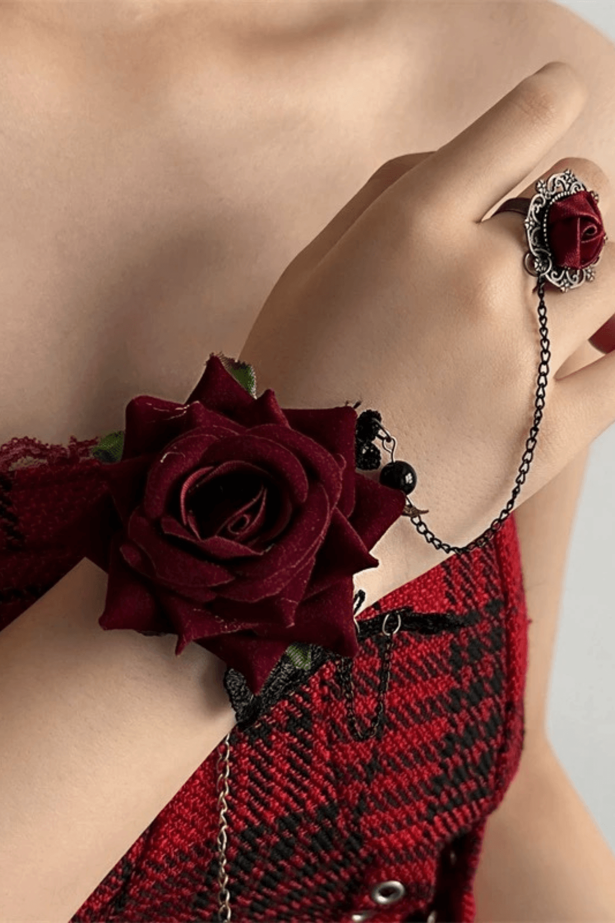 Gothic Burgundy Rose Lace Bracelet with Attached Ring Avalabel