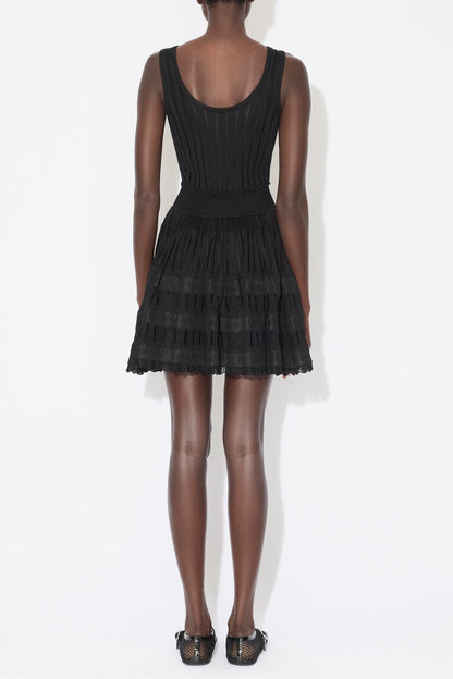 Ribbed Pointelle Knit Mini Dress in Black