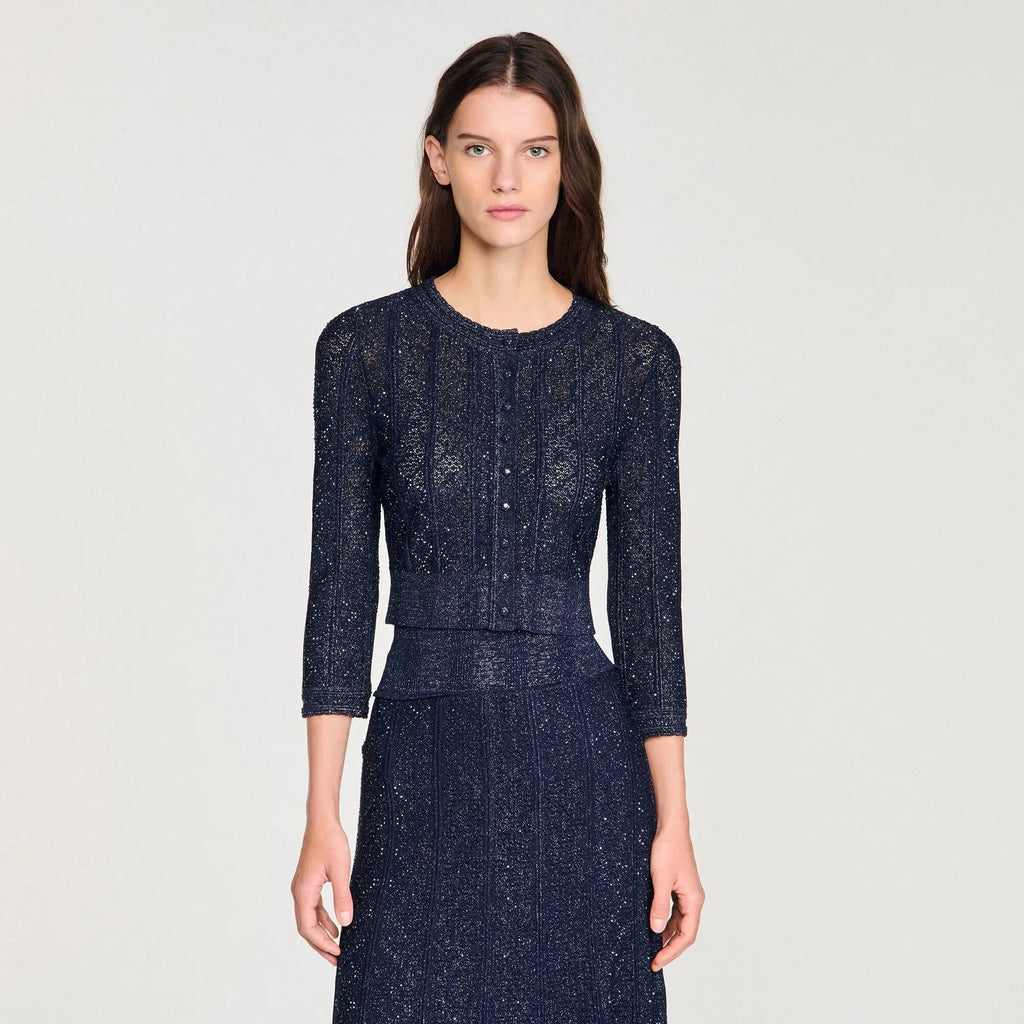 alexandra Strass knit cropped cardigan in navy blue Avalabel