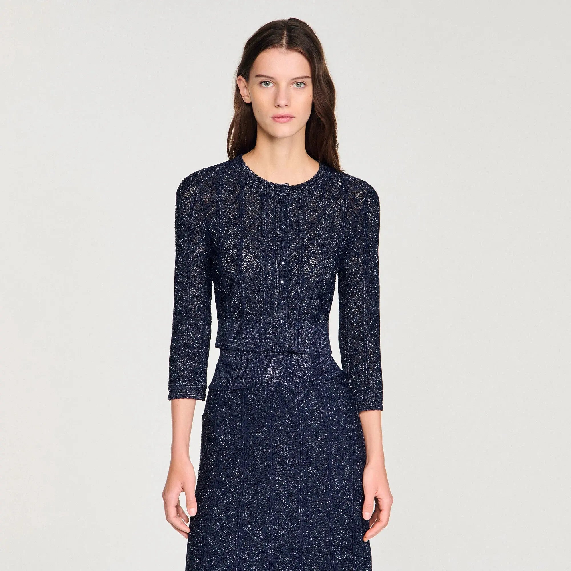 alexandra Strass knit cropped cardigan in navy blue Avalabel