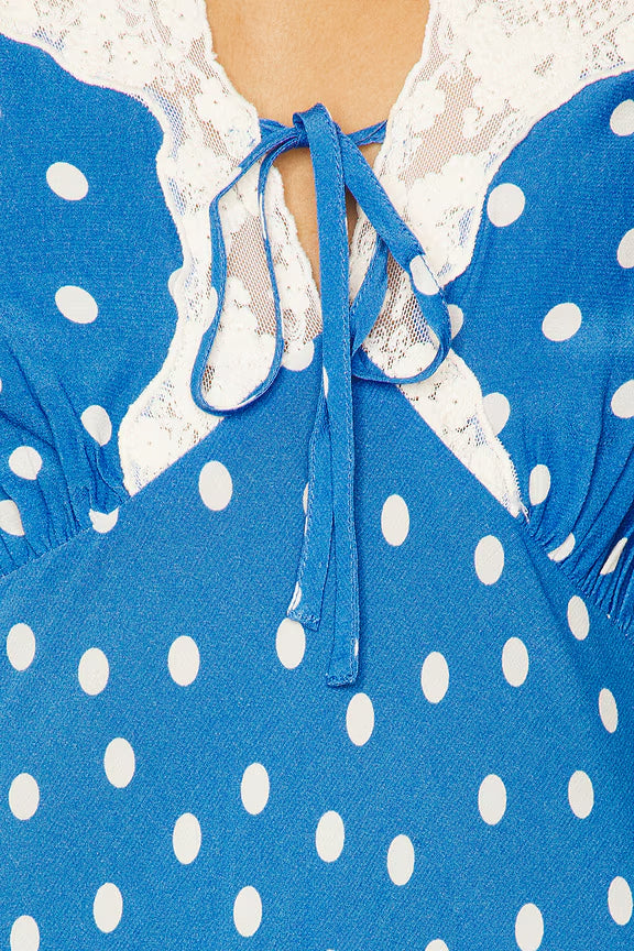 Lyuba Polka Dot Lace-Trimmed V-Neck Maxi Dress in Blue