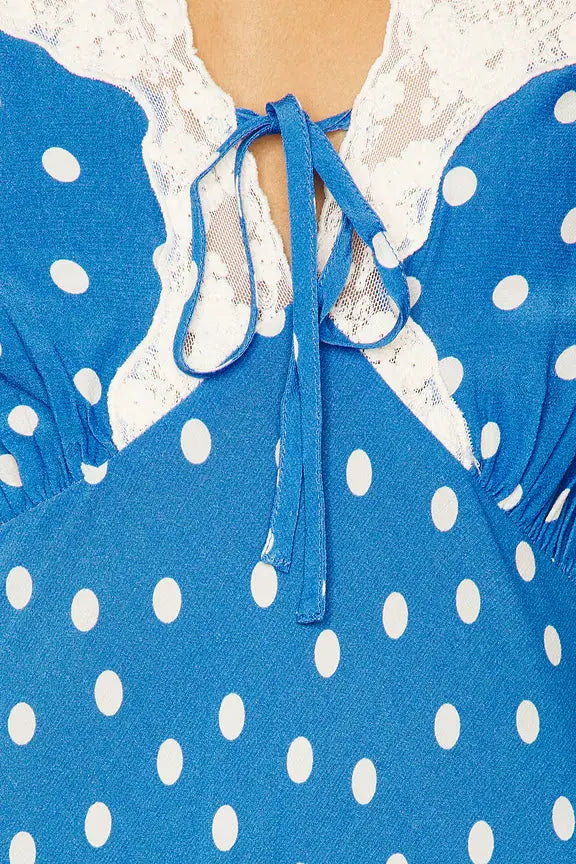 Lyuba Polka Dot Lace-Trimmed V-Neck Maxi Dress in Blue Avalabel