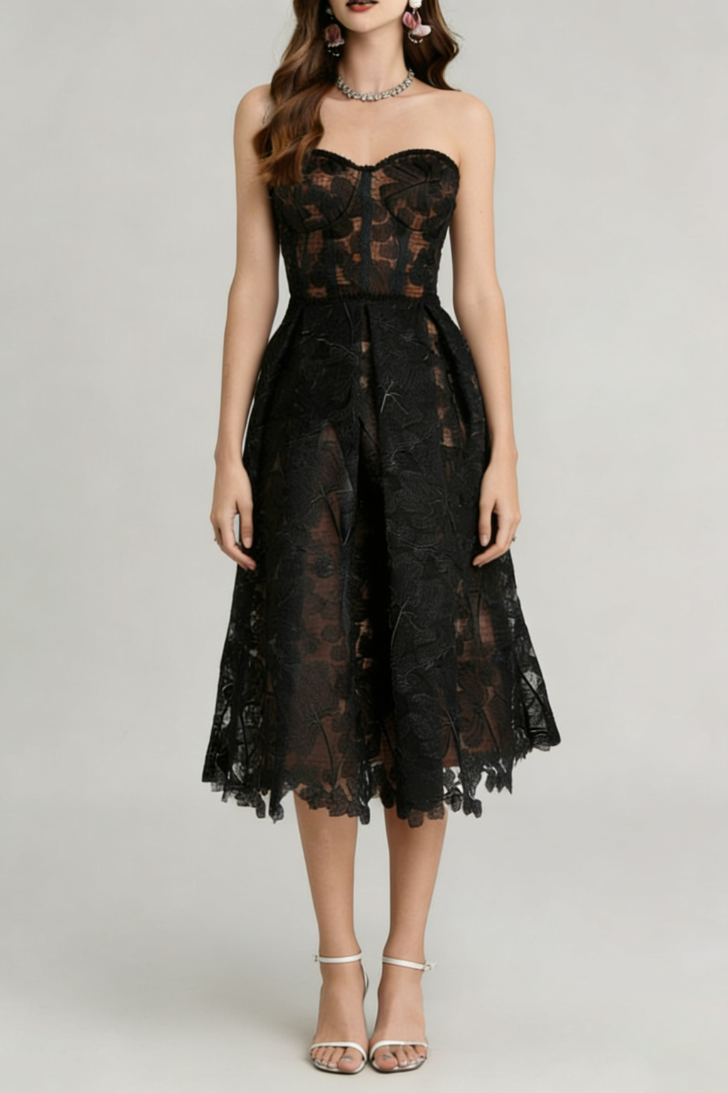 Agnens Black Sexy Strapless Embroidered Lace Midi Dress Avalabel