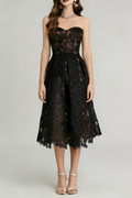 Agnens Black Sexy Strapless Embroidered Lace Midi Dress Avalabel