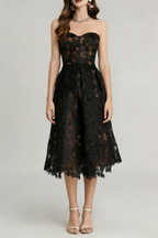 Agnens Black Sexy Strapless Embroidered Lace Midi Dress Avalabel
