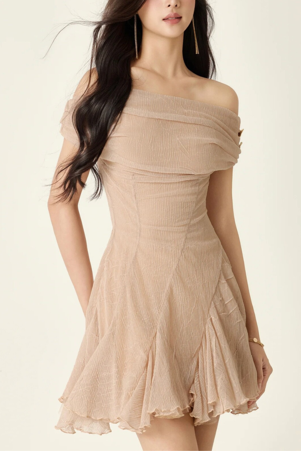 Luna Nude Off‑The‑Shoulder Ruched Flared Mini Dress - Avalabel
