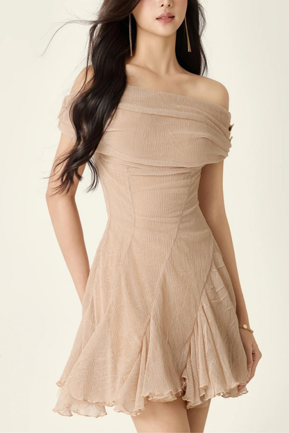 Luna Nude Off‑The‑Shoulder Ruched Flared Mini Dress